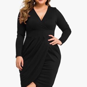 Plus Size Black Faux-Wrap Long Sleeve Dress